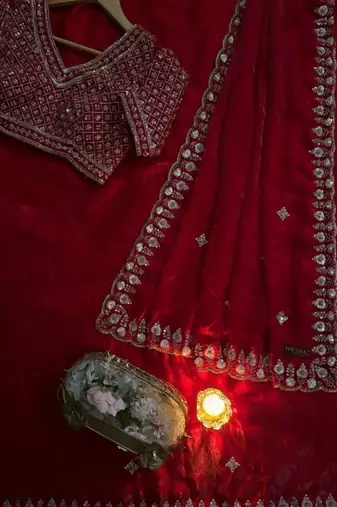 Red satin chiffon saree with handcrafted real beads work & satin blouse