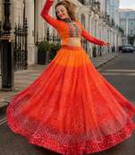 Orange Bandhani Free Size Stitched Navratri Lehenga Choli with Kutchi Gamthi Patche work