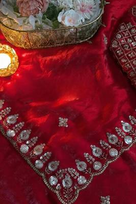 Red satin chiffon saree with handcrafted real beads work & satin blouse 3