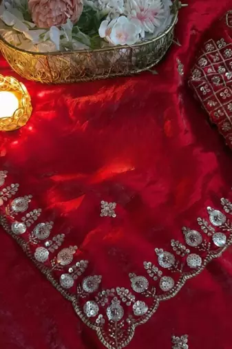 Red satin chiffon saree with handcrafted real beads work & satin blouse