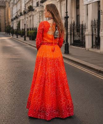 Orange Bandhani Free Size Stitched Navratri Lehenga Choli with Kutchi Gamthi Patche work 2