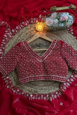 Red satin chiffon saree with handcrafted real beads work & satin blouse 4
