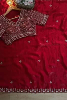 Red satin chiffon saree with handcrafted real beads work & satin blouse 5