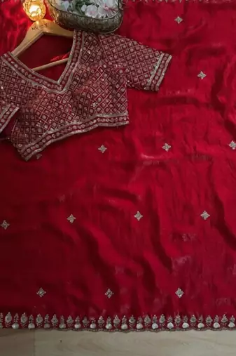 Red satin chiffon saree with handcrafted real beads work & satin blouse
