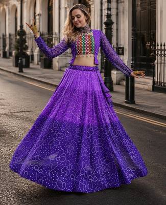 Purple Bandhani Free Size Stitched Navratri Lehenga Choli with Kutchi Gamthi Patche work 1