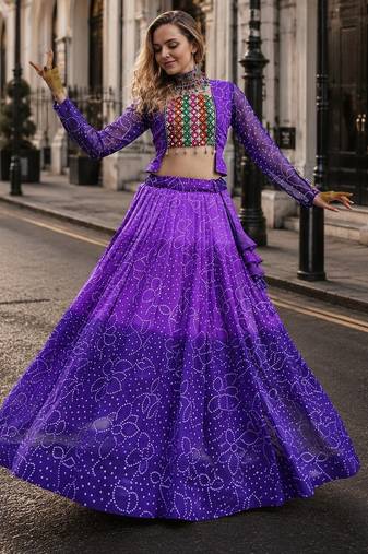 Purple Bandhani Free Size Stitched Navratri Lehenga Choli with Kutchi Gamthi Patche work