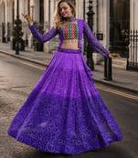 Purple Bandhani Free Size Stitched Navratri Lehenga Choli with Kutchi Gamthi Patche work