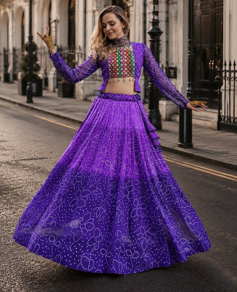Purple Bandhani Free Size Stitched Navratri Lehenga Choli with Kutchi Gamthi Patche work