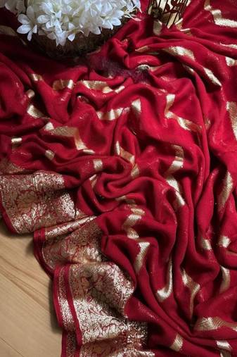 Red pure viscose jacquard blooming saree with weaving zari blouse