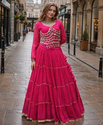 Pink Laheriya Free Size Stitched Navratri Lehenga Choli with Gota Patti & Mirro Work 1