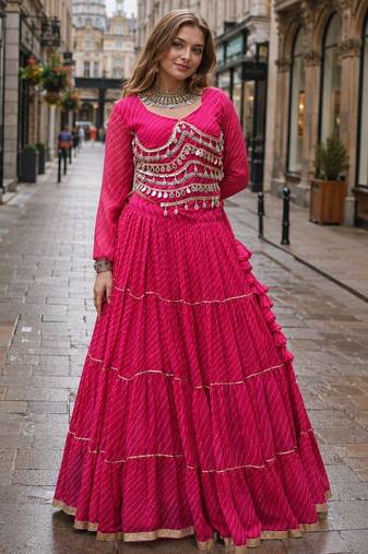 Pink Laheriya Free Size Stitched Navratri Lehenga Choli with Gota Patti & Mirro Work