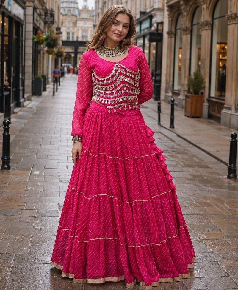 Pink Laheriya Free Size Stitched Navratri Lehenga Choli with Gota Patti & Mirro Work