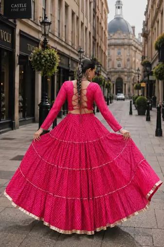 Pink Laheriya Free Size Stitched Navratri Lehenga Choli with Gota Patti & Mirro Work