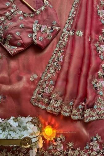 Pink fendy chiffon saree with multi cording & 3mm sequins embroidery