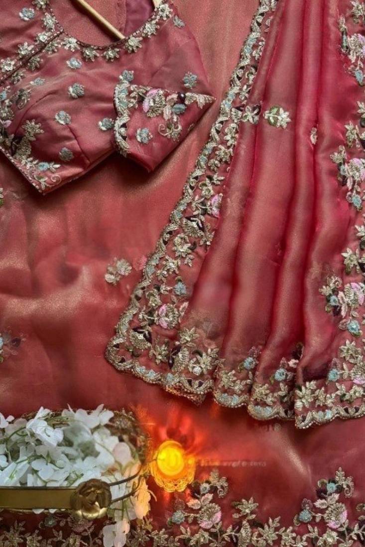 Pink fendy chiffon saree with multi cording & 3mm sequins embroidery