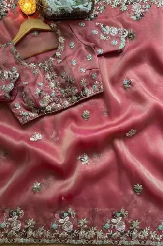 Pink fendy chiffon saree with multi cording & 3mm sequins embroidery