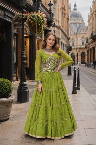 Green Laheriya Free Size Stitched Navratri Lehenga Choli with Gota Patti & Mirro Work