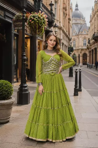 Green Laheriya Free Size Stitched Navratri Lehenga Choli with Gota Patti & Mirro Work