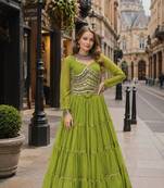 Green Laheriya Free Size Stitched Navratri Lehenga Choli with Gota Patti & Mirro Work