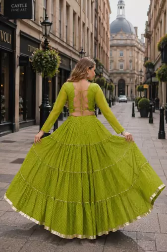 Green Laheriya Free Size Stitched Navratri Lehenga Choli with Gota Patti & Mirro Work