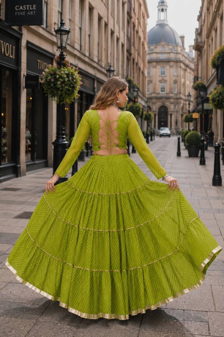 Green Laheriya Free Size Stitched Navratri Lehenga Choli with Gota Patti & Mirro Work