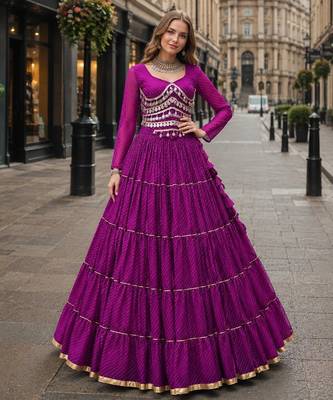 Purple Laheriya Free Size Stitched Navratri Lehenga Choli with Gota Patti & Mirro Work 1