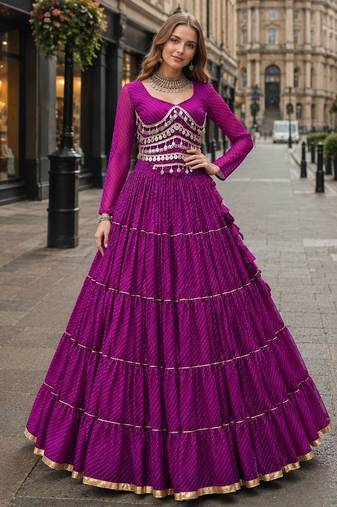 Purple Laheriya Free Size Stitched Navratri Lehenga Choli with Gota Patti & Mirro Work