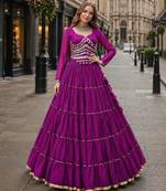 Purple Laheriya Free Size Stitched Navratri Lehenga Choli with Gota Patti & Mirro Work