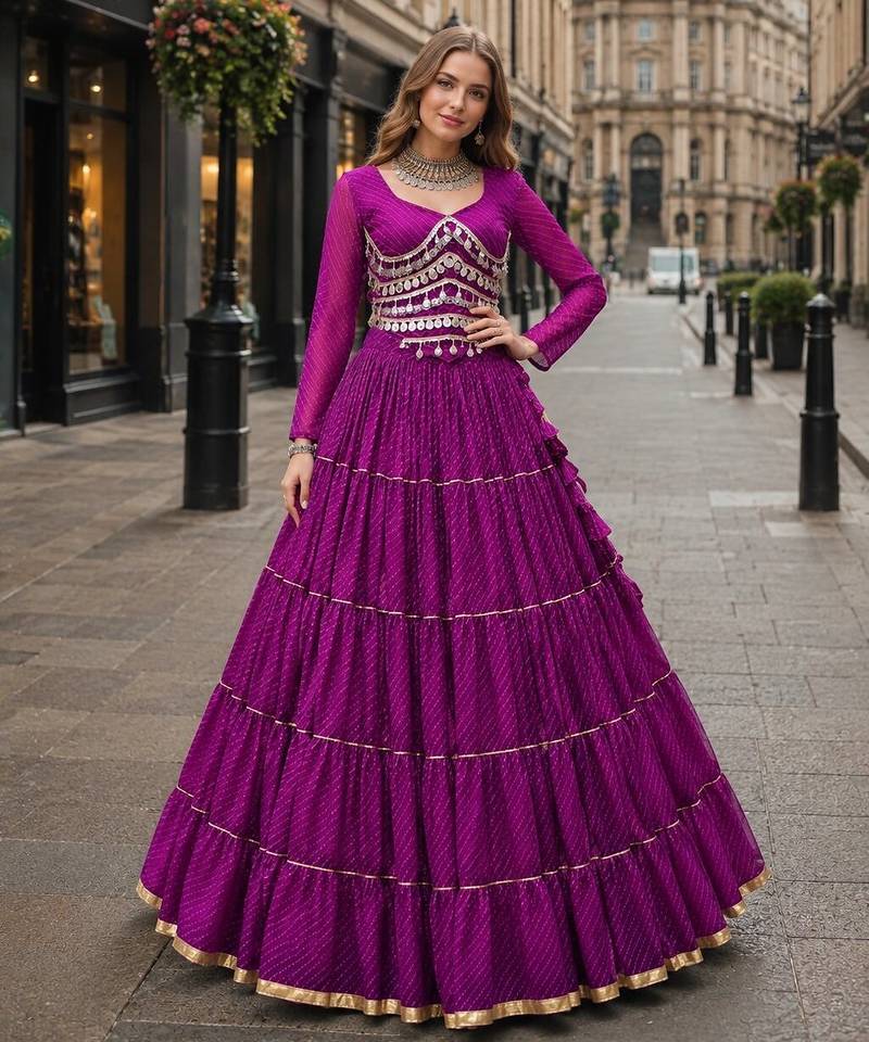 Purple Laheriya Free Size Stitched Navratri Lehenga Choli with Gota Patti & Mirro Work