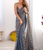 Blue gold check chiffon saree with handcrafted zarkan work