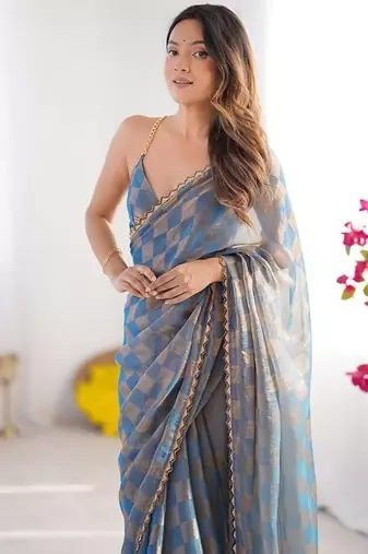 Blue gold check chiffon saree with handcrafted zarkan work
