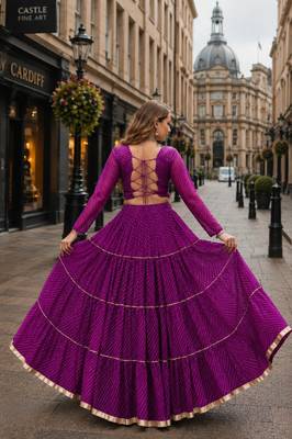 Purple Laheriya Free Size Stitched Navratri Lehenga Choli with Gota Patti & Mirro Work 2