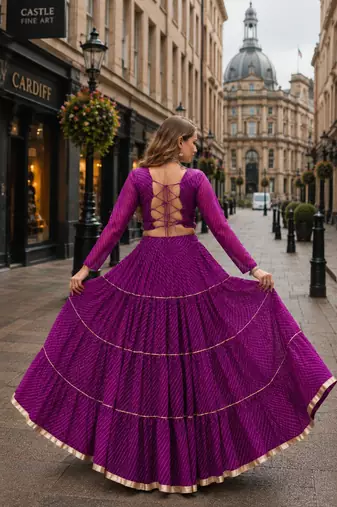 Purple Laheriya Free Size Stitched Navratri Lehenga Choli with Gota Patti & Mirro Work
