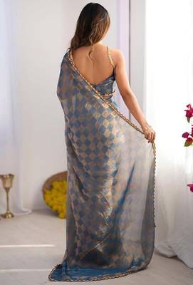 Blue gold check chiffon saree with handcrafted zarkan work 4