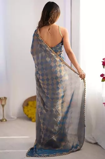 Blue gold check chiffon saree with handcrafted zarkan work