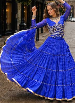 Blue Laheriya Free Size Stitched Navratri Lehenga Choli with Gota Patti & Mirro Work 1