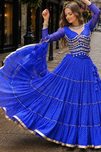 Blue Laheriya Free Size Stitched Navratri Lehenga Choli with Gota Patti & Mirro Work