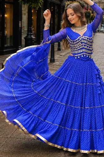 Blue Laheriya Free Size Stitched Navratri Lehenga Choli with Gota Patti & Mirro Work
