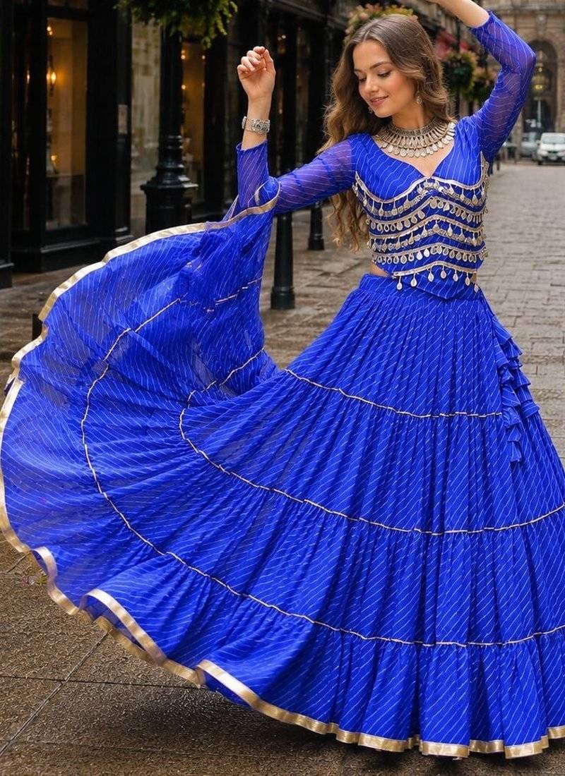 Blue Laheriya Free Size Stitched Navratri Lehenga Choli with Gota Patti & Mirro Work