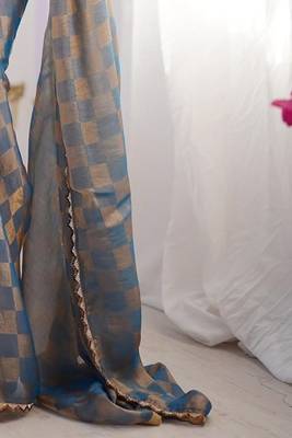 Blue gold check chiffon saree with handcrafted zarkan work 5