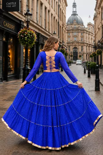Blue Laheriya Free Size Stitched Navratri Lehenga Choli with Gota Patti & Mirro Work