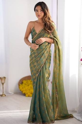 Green gold check chiffon saree with handcrafted zarkan work