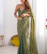 Green gold check chiffon saree with handcrafted zarkan work