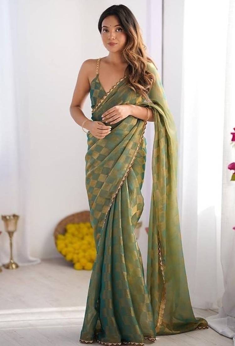 Green gold check chiffon saree with handcrafted zarkan work