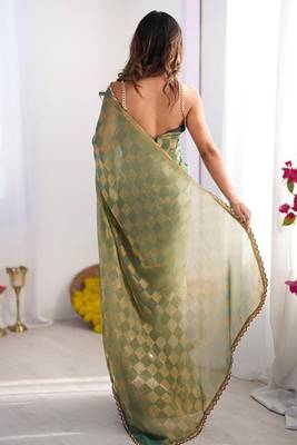 Green gold check chiffon saree with handcrafted zarkan work 3
