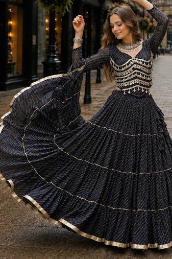 Black Laheriya Free Size Stitched Navratri Lehenga Choli with Gota Patti & Mirro Work