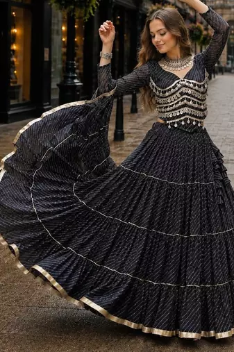 Black Laheriya Free Size Stitched Navratri Lehenga Choli with Gota Patti & Mirro Work