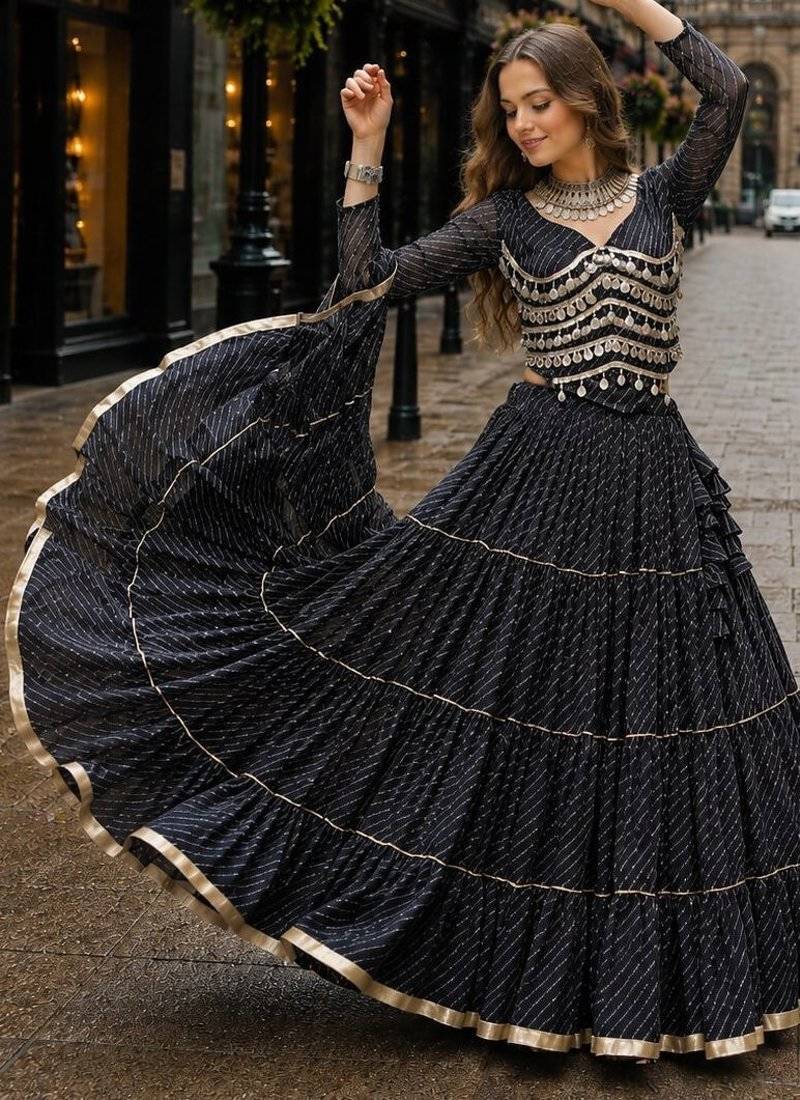 Black Laheriya Free Size Stitched Navratri Lehenga Choli with Gota Patti & Mirro Work