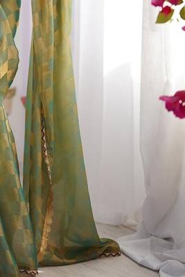 Green gold check chiffon saree with handcrafted zarkan work 5