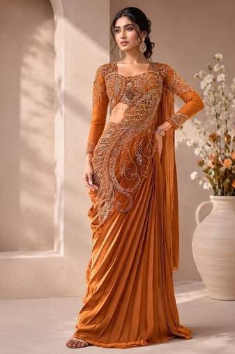 Orange ready-to-wear rangoli silk blend embroidered saree set